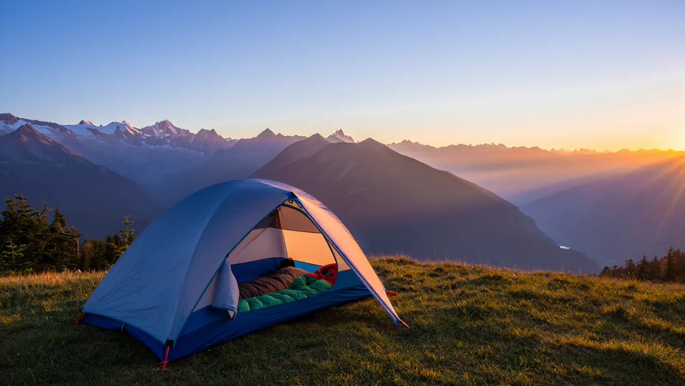 Backpacking tent at sunrise with sleeping bag inside overlooking a mountain landscape