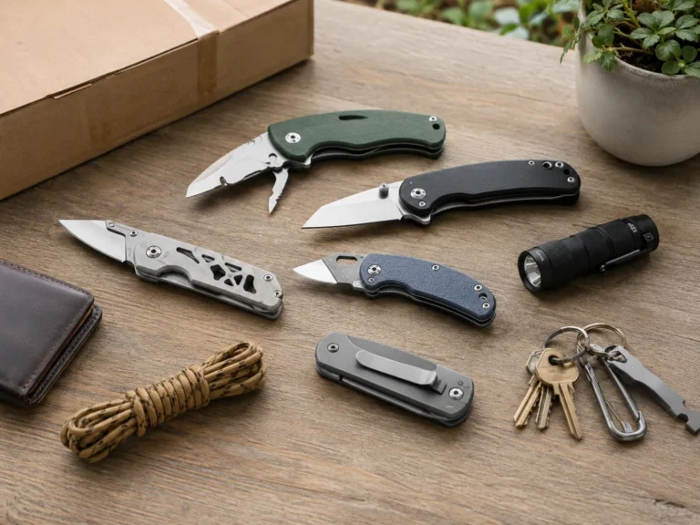 Budget folding pocket knives arranged with everyday carry gear on a clean work surface