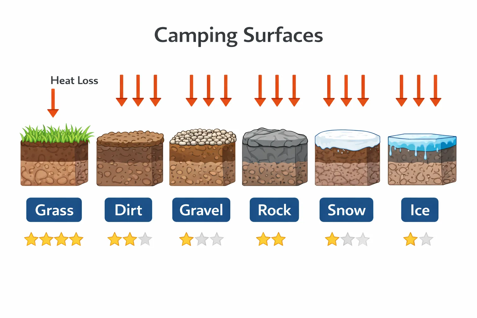 R-value temperature chart showing sleeping pad insulation ratings from summer R-1 to extreme winter R-8 with color-coded zones