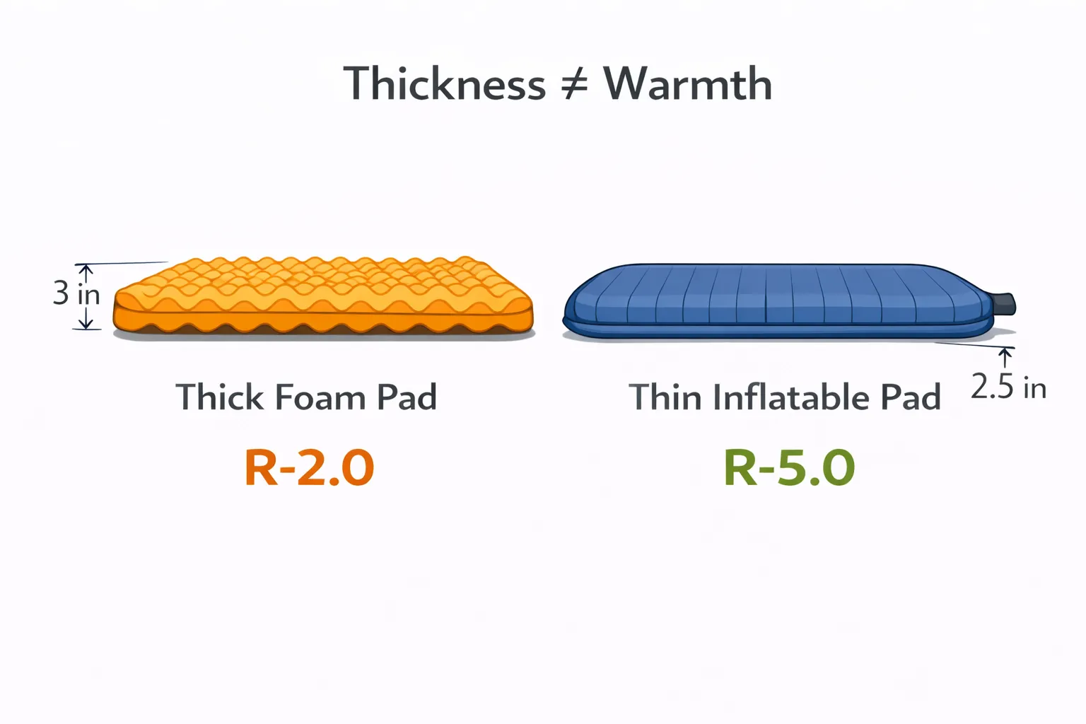 R-value temperature chart showing sleeping pad insulation ratings from summer R-1 to extreme winter R-8 with color-coded zones