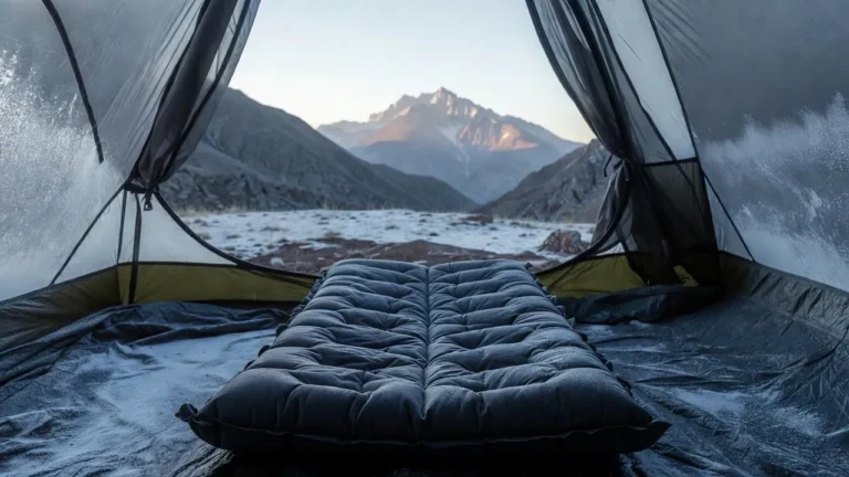 Insulated sleeping pad inside tent during cold weather camping with frost on tent walls and mountain vista