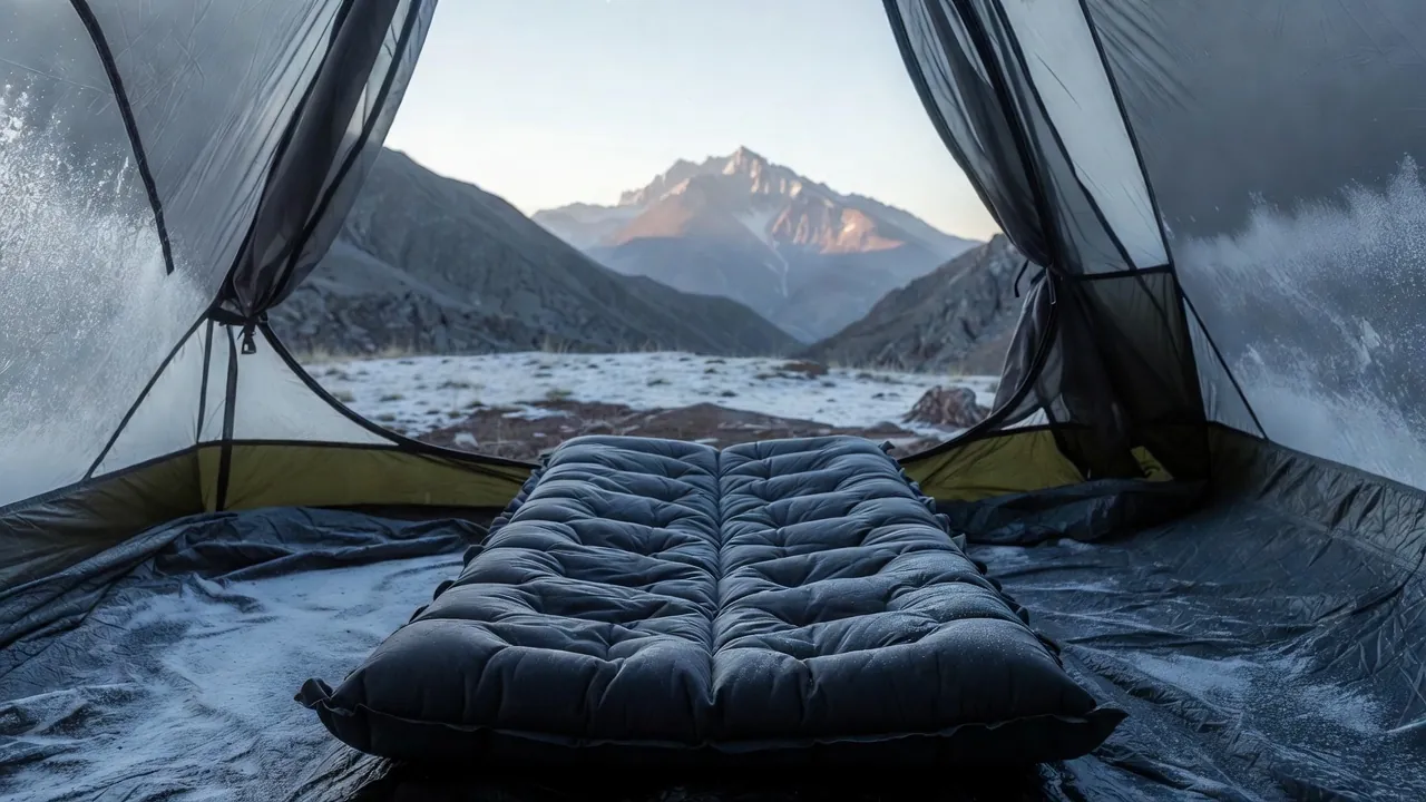 Insulated sleeping pad inside tent during cold weather camping with frost on tent walls and mountain vista
