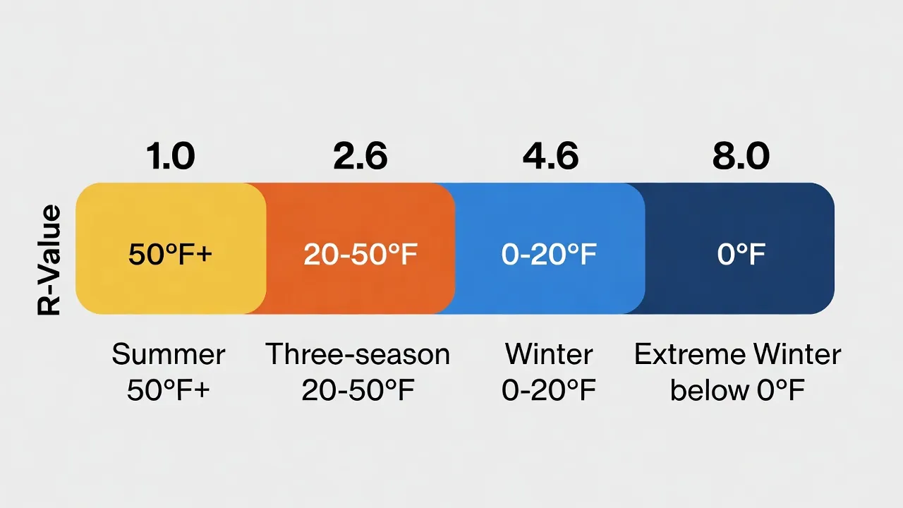 R-value temperature chart showing sleeping pad insulation ratings from summer R-1 to extreme winter R-8 with color-coded zones
