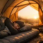 Side sleeper resting comfortably on a thick inflatable sleeping pad inside a backpacking tent at sunrise.