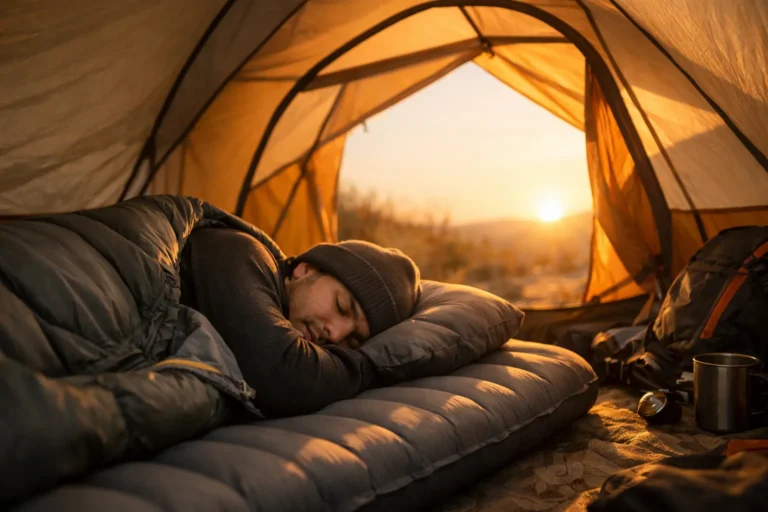 Side sleeper resting comfortably on a thick inflatable sleeping pad inside a backpacking tent at sunrise.