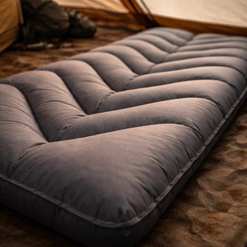 Close-up of an inflatable sleeping pad with V-shaped baffles on a tent floor, showing stitching and fabric texture