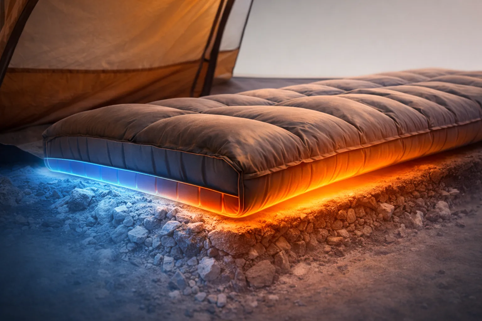 Illustration of how sleeping pad insulation reduces heat loss to the ground.