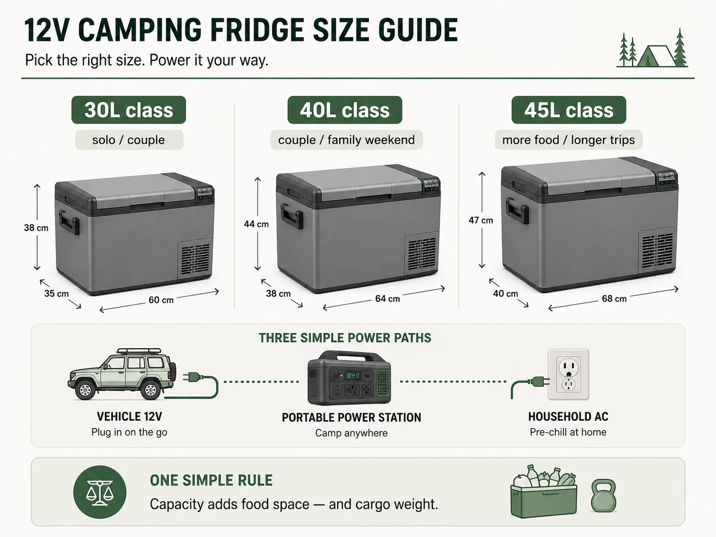 Camping 12V fridge capacity and power options compared for 30-liter, 40-liter, and 45-liter compressor refrigerators