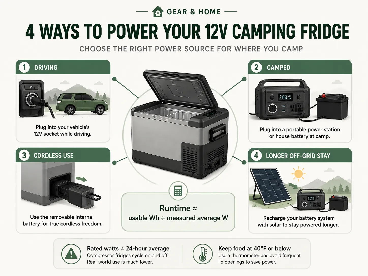 12V camping fridge power planning diagram comparing vehicle power, portable power stations, removable batteries, and solar charging