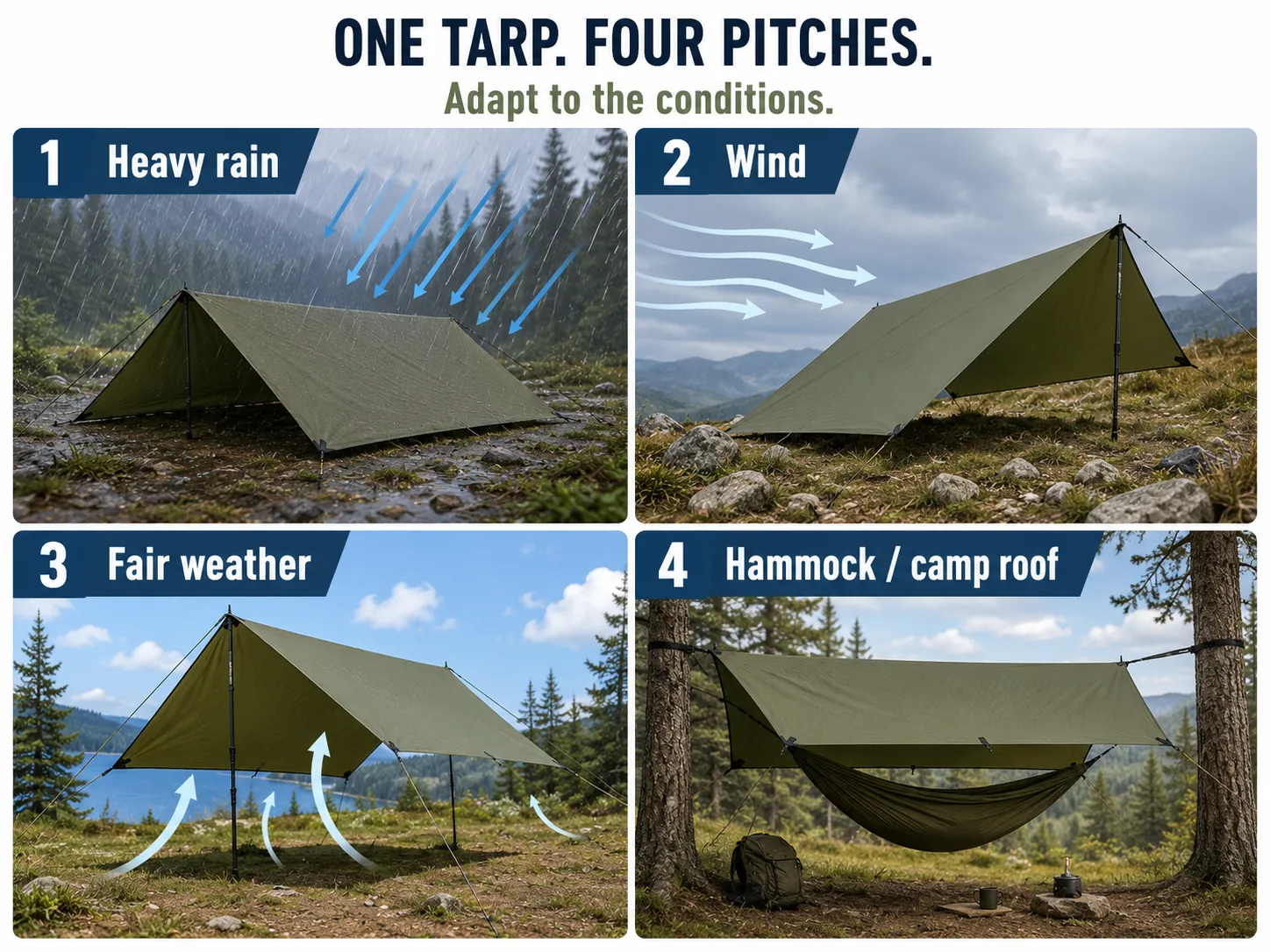 Lightweight camping tarp sizes and shapes compared for solo backpacking, flexible flat pitches, large camp coverage, and hammock use