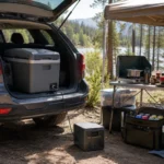 Portable 12V compressor fridge beside a car-camping kitchen and SUV at a shaded campsite