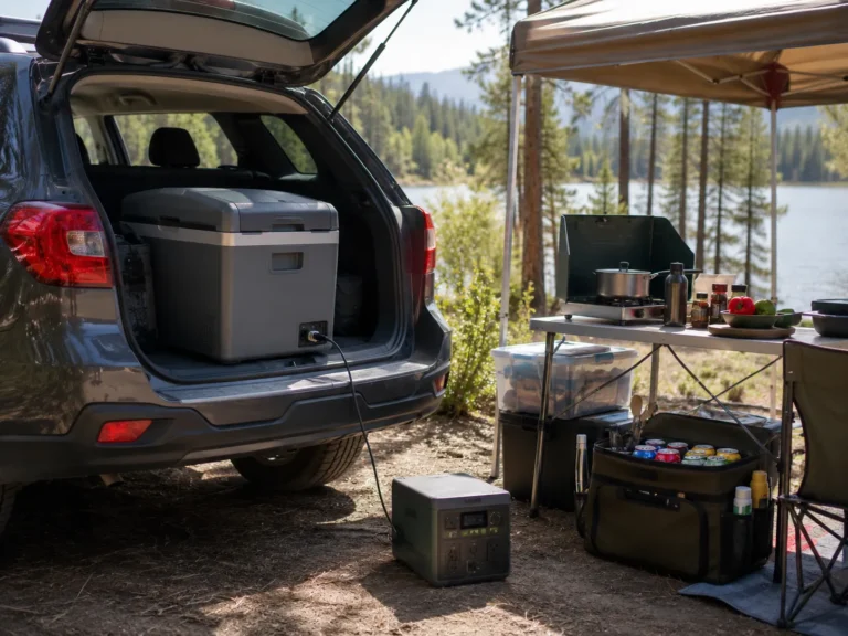 Portable 12V compressor fridge beside a car-camping kitchen and SUV at a shaded campsite