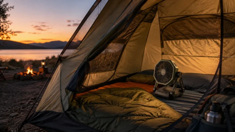 Rechargeable camping fan moving air inside a tent at a summer campsite