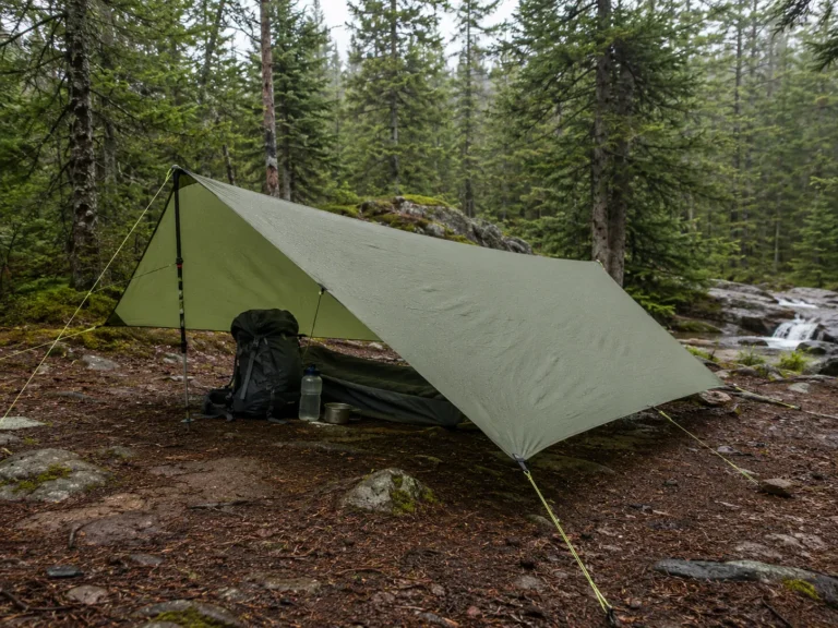 Lightweight camping tarp pitched with trekking poles over a backpacking shelter in a forest campsite
