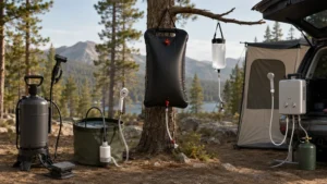 Portable camping shower setups for car camping, backpacking, solar heating, rechargeable pumps, and hot water