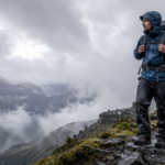Backpacker wearing waterproof rain pants on a wet mountain trail