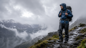 Backpacker wearing waterproof rain pants on a wet mountain trail
