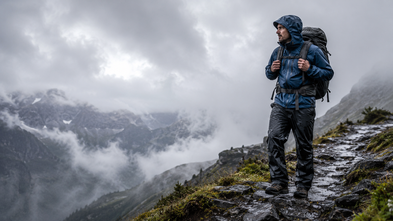 Backpacker wearing waterproof rain pants on a wet mountain trail