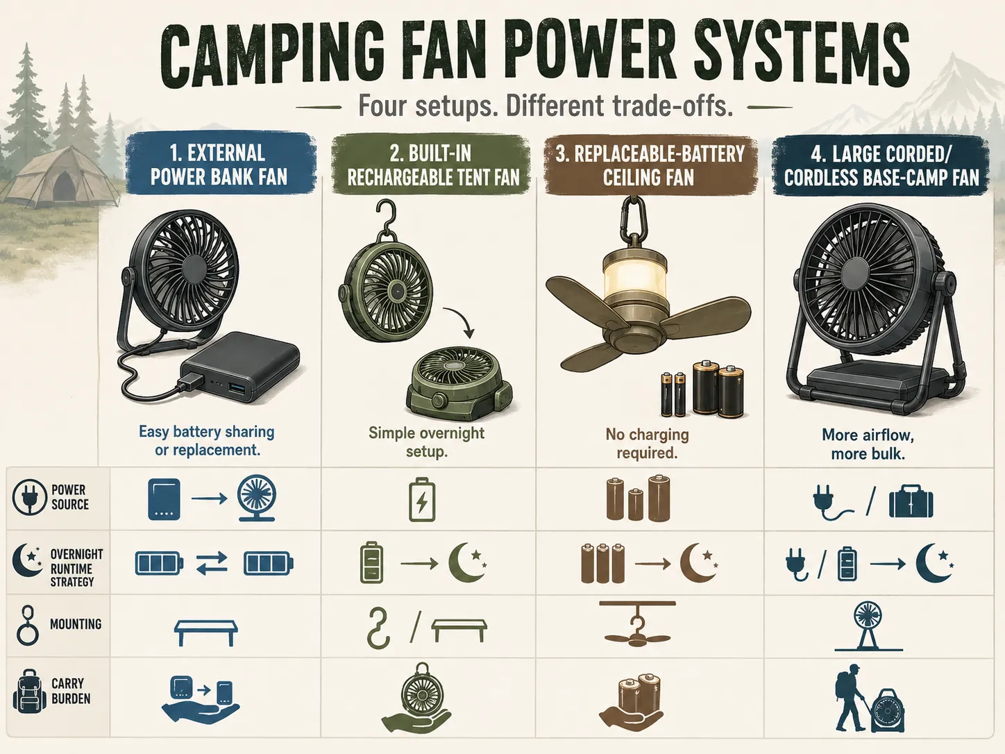 Camping fan power options compared: external power bank, built-in rechargeable battery, replaceable batteries, and large corded or cordless fan