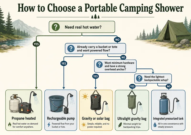 Decision guide for choosing a portable camping shower by pressure, water heating, power source, and hanging requirements