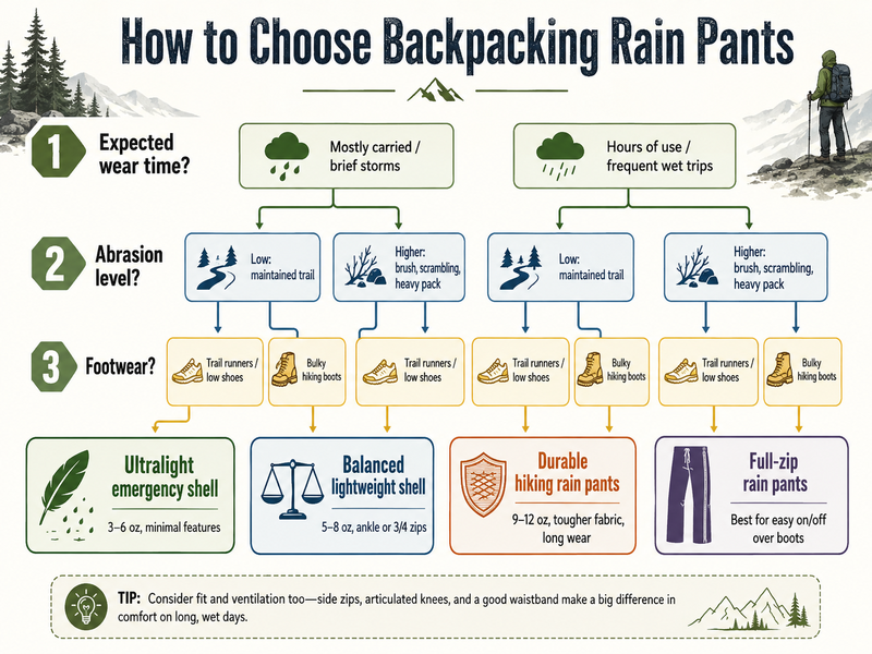 How to choose backpacking rain pants by wear time, abrasion and footwear