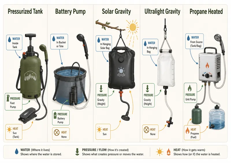 Five portable camping shower types compared: pressurized tank, rechargeable pump, solar bag, ultralight gravity bag, and propane-heated system
