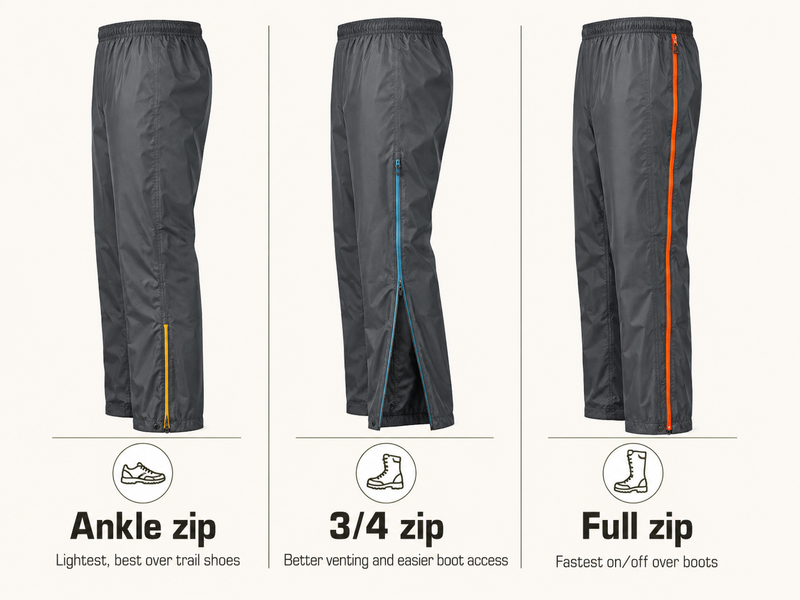 Comparison of ankle, three-quarter and full-length rain pant zippers