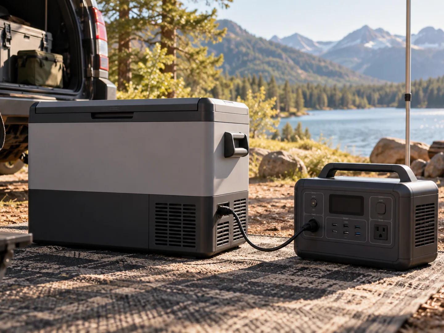 Direct DC cable connection between a 12V camping fridge and portable power station