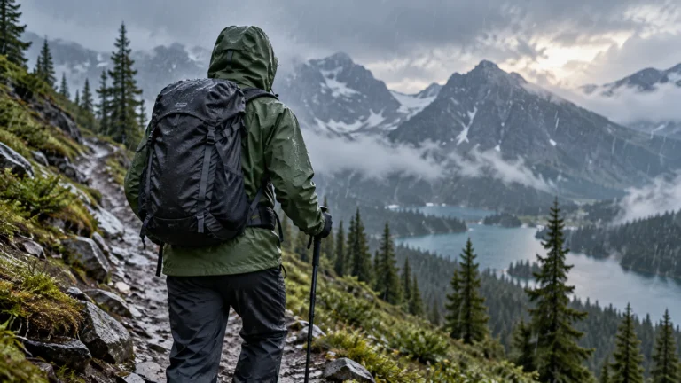 Hiker in a waterproof rain shell on a wet mountain trail with another packed shell nearby