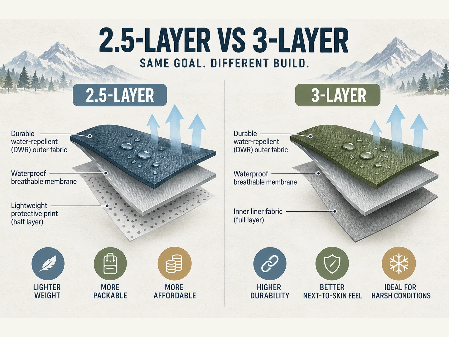 2.5-layer and 3-layer rain jacket construction compared with protective print versus bonded backer