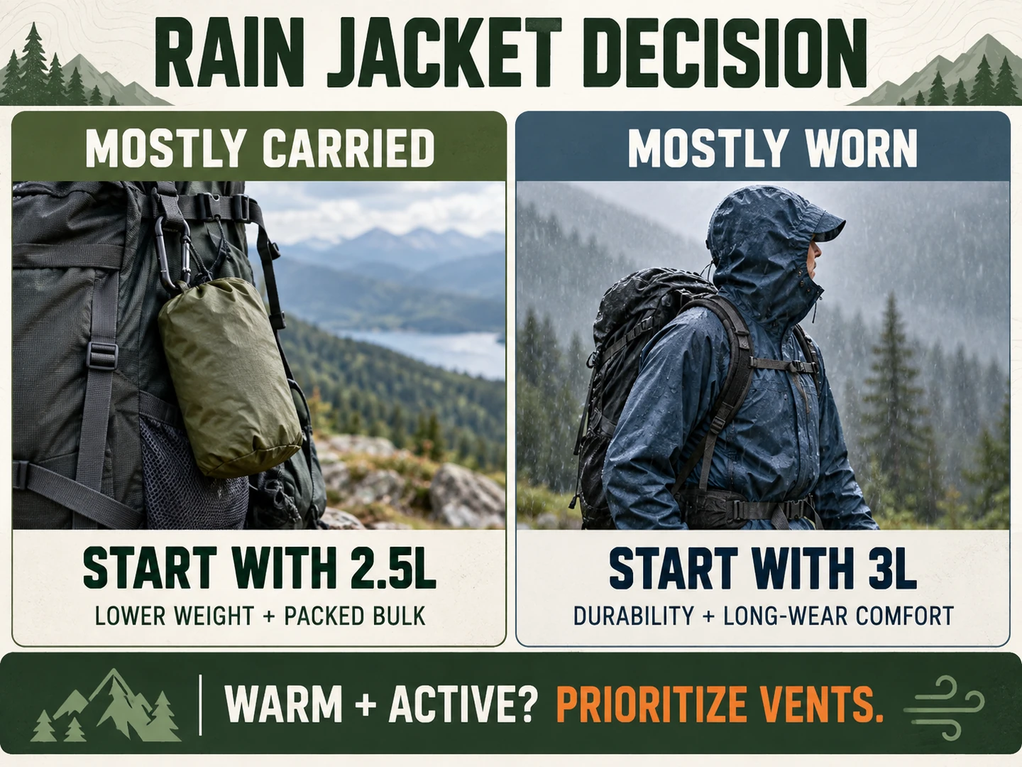 Decision guide comparing 2.5-layer rain jackets for packability with 3-layer shells for sustained wear
