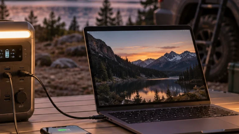 Generic compact DC power station charging a USB-C laptop and phone at a lakeside campsite