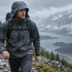 Hiker in a lightweight waterproof shell climbing a rainy alpine trail