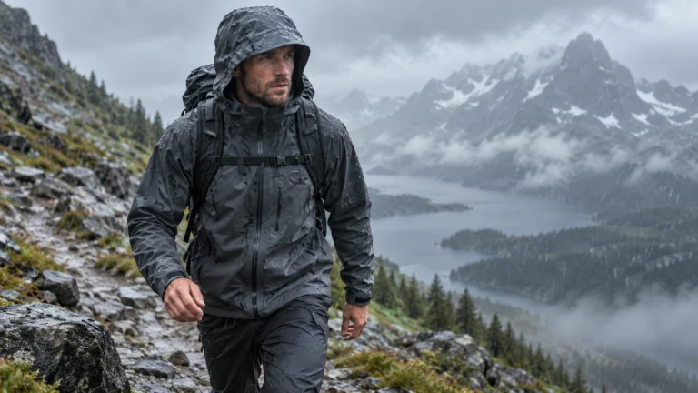 Hiker in a lightweight waterproof shell climbing a rainy alpine trail