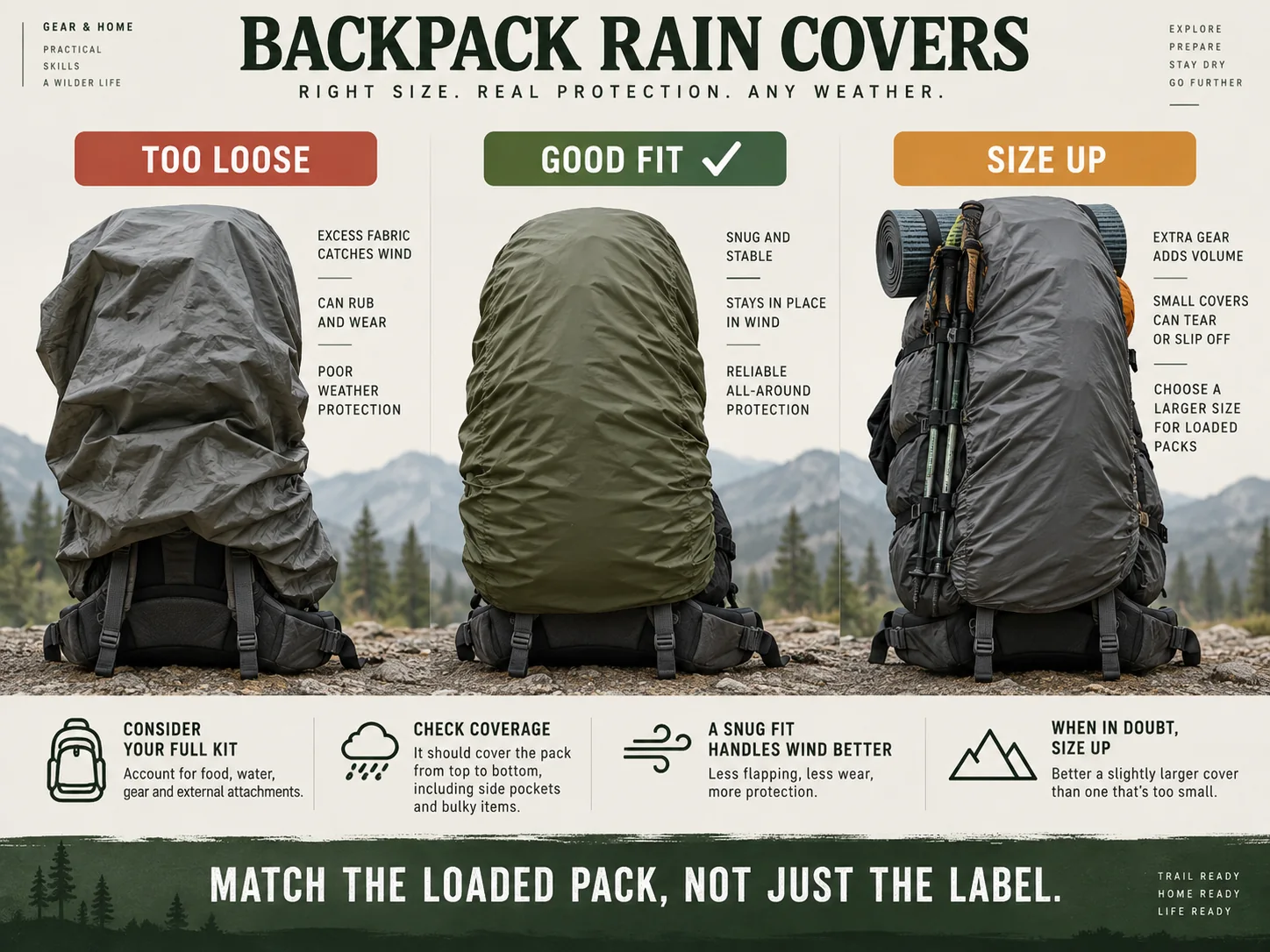 Backpack rain cover fit guide showing loose fit, correct fit and when to size up for exterior gear