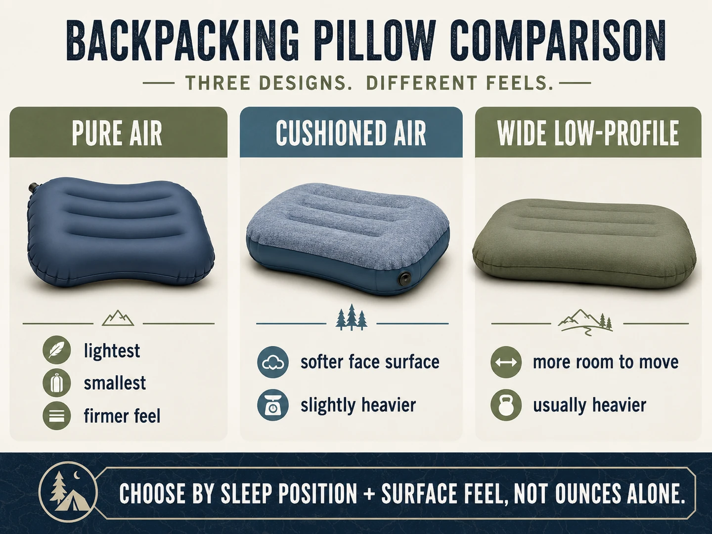 Backpacking pillow construction trade-offs between pure air, cushioned air and low-profile designs