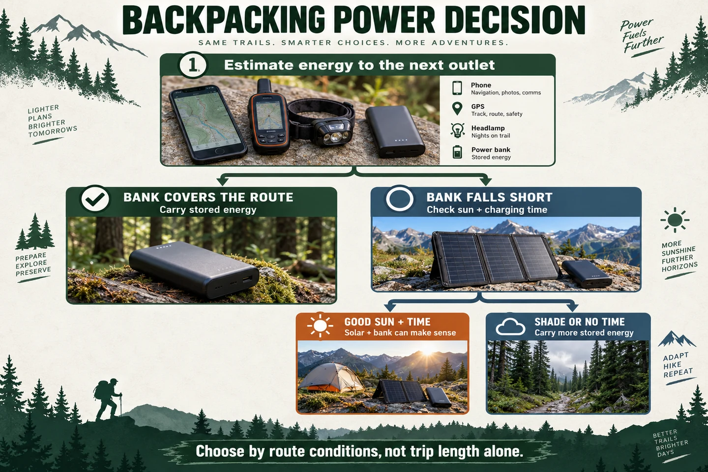Backpacking power decision flow based on energy needs, outlet access, sun and charging time
