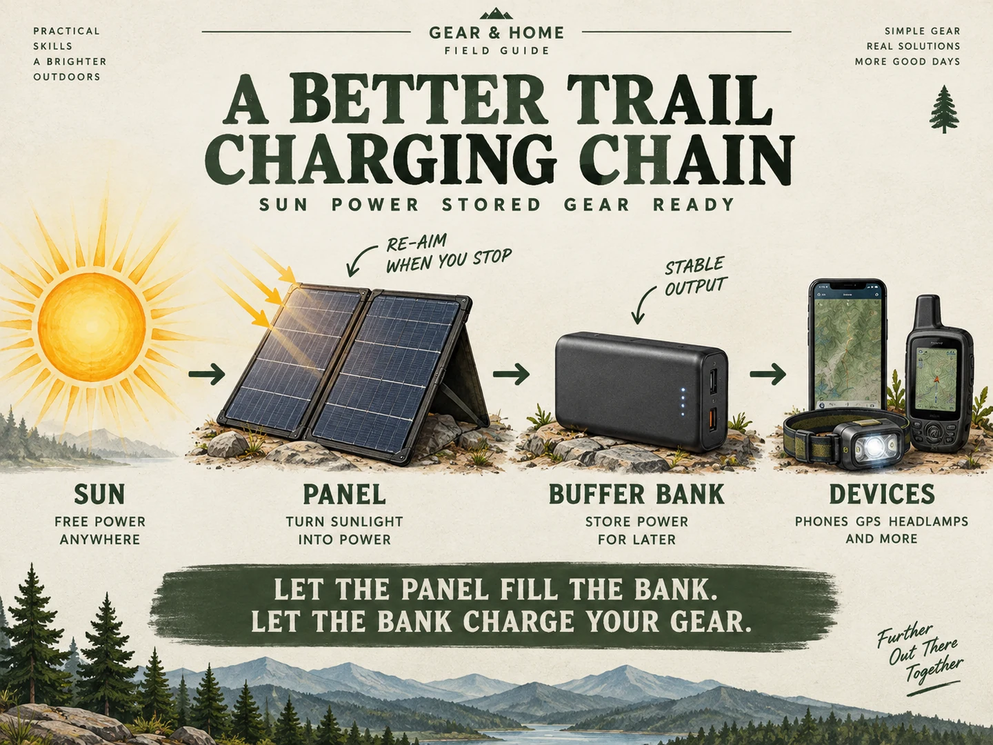 Backpacking solar charging chain from sun to panel to buffer power bank to phone, GPS and headlamp