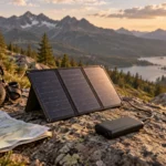 Foldable solar panel charging a power bank beside a backpack on a sunny mountain route