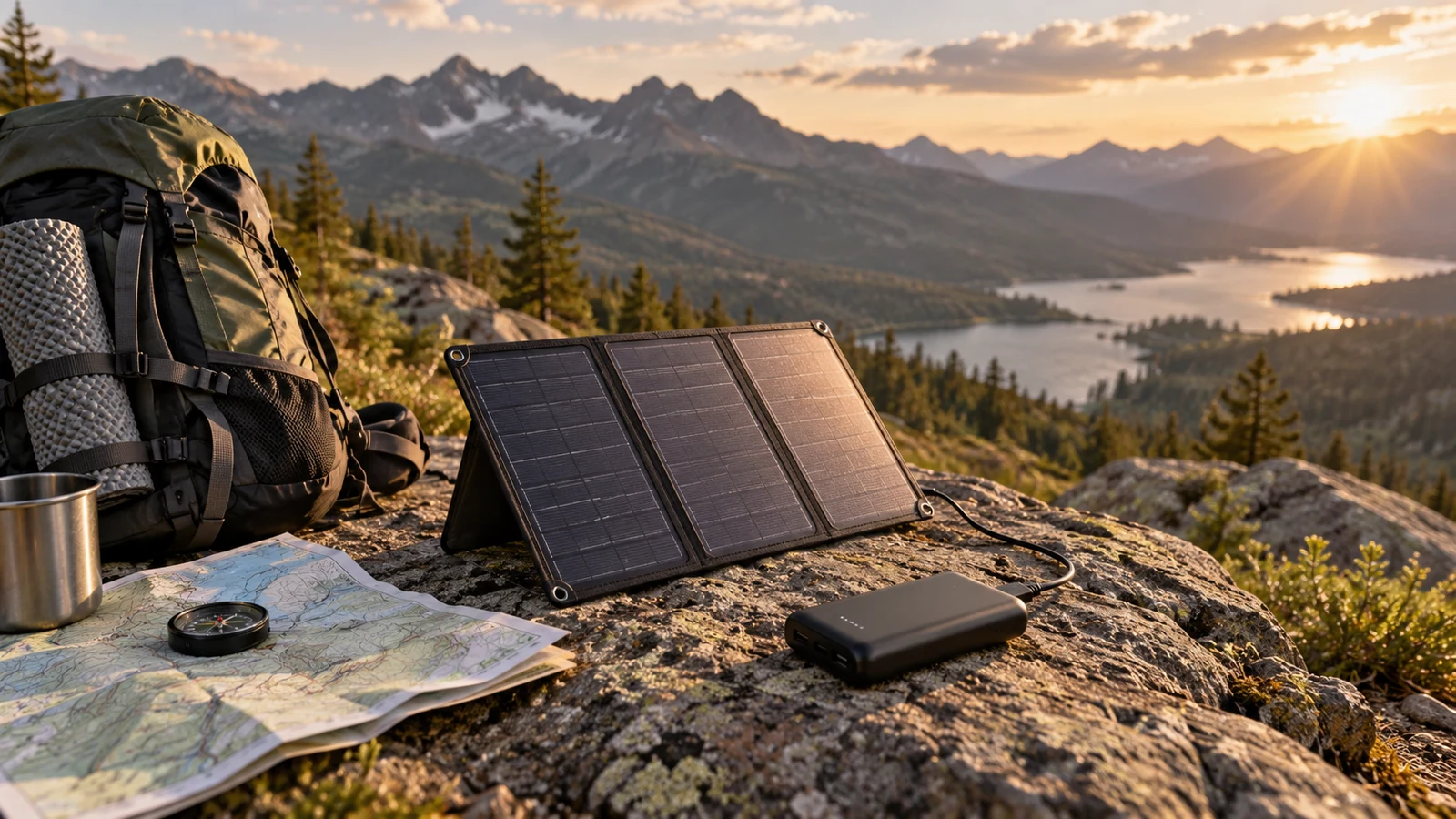 Foldable solar panel charging a power bank beside a backpack on a sunny mountain route