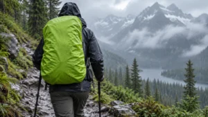 Hiker carrying a backpack protected by a bright rain cover on a wet mountain trail