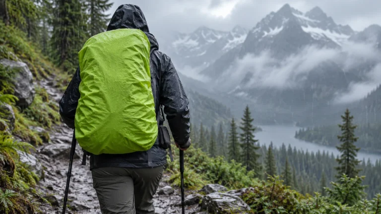 Hiker carrying a backpack protected by a bright rain cover on a wet mountain trail