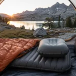 Backpacking pillow on a sleeping pad inside a lightweight tent