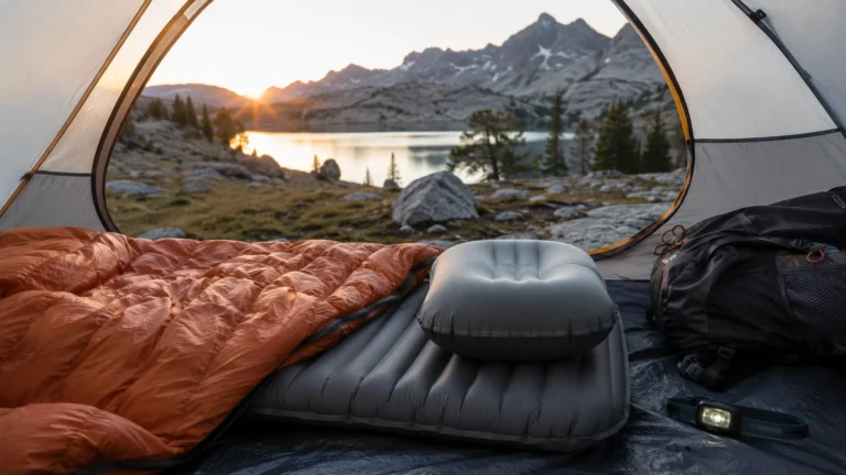 Backpacking pillow on a sleeping pad inside a lightweight tent