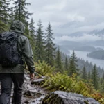 Hiker in a waterproof shell walking a rain-soaked mountain trail