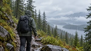 Hiker in a waterproof shell walking a rain-soaked mountain trail