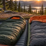 Budget sleeping bags on insulated pads inside a tent overlooking a mountain lake