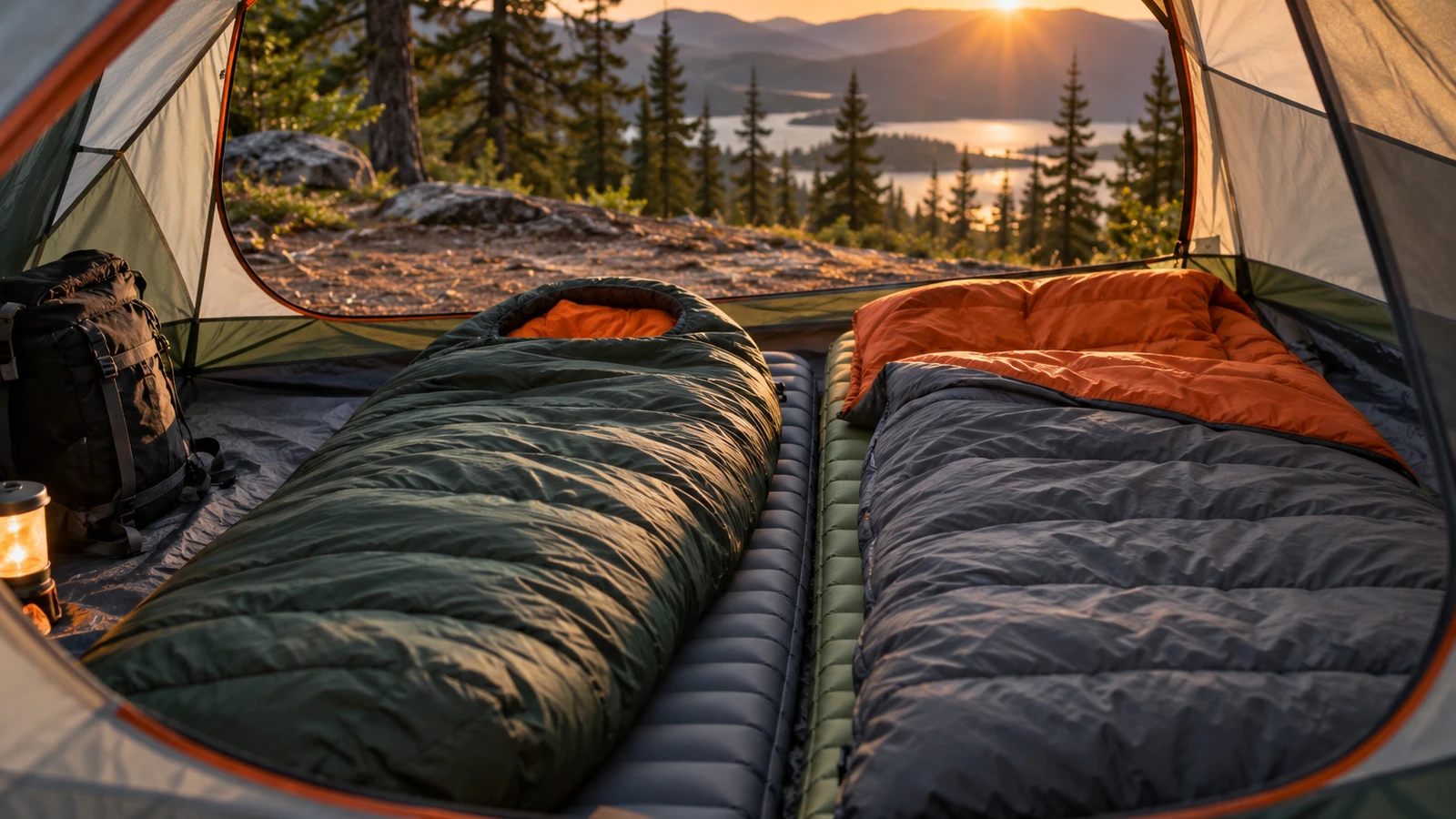 Budget sleeping bags on insulated pads inside a tent overlooking a mountain lake