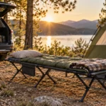Camping cot beside a tent and SUV at a lakeside car campsite