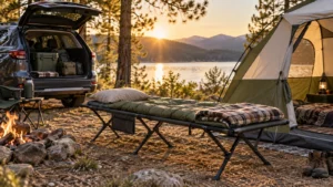 Camping cot beside a tent and SUV at a lakeside car campsite